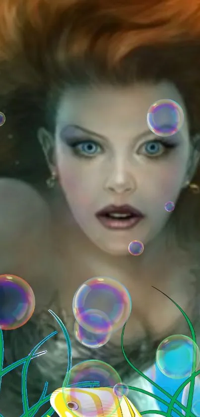 Fantasy mermaid artwork underwater with bubbles.