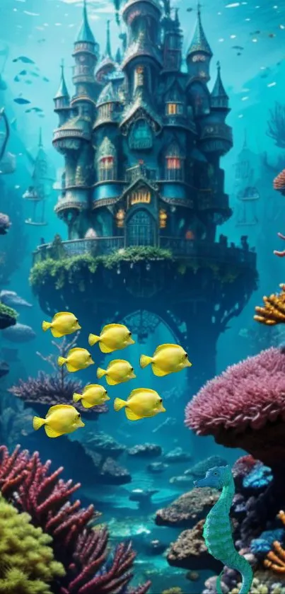 Fantasy underwater castle with corals and yellow fish.