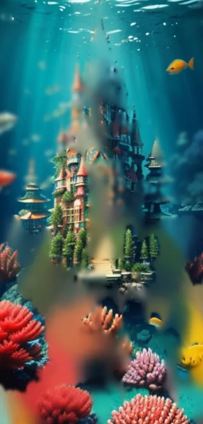 Underwater castle with colorful corals and marine life in a fantasy setting.