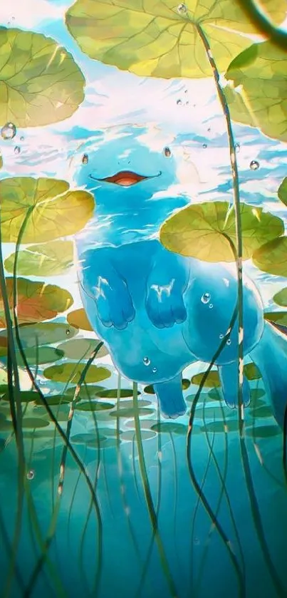 Whimsical blue creature swimming under lily pads in colorful fantasy art.