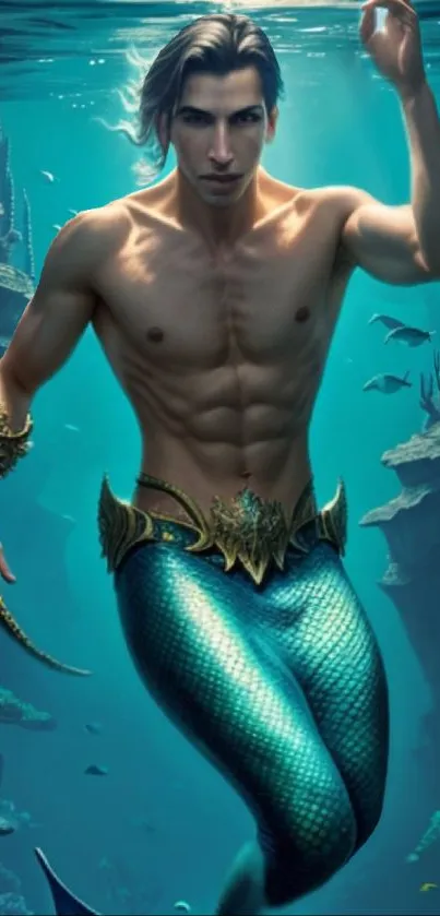 Merman in a fantasy underwater scene with turquoise tones.