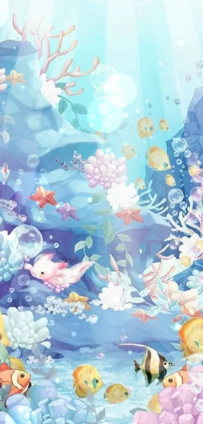 Fantasy underwater scene with colorful coral, fish, and light.