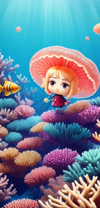 Whimsical underwater scene with coral and character