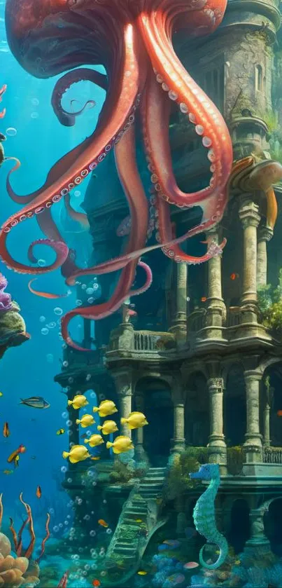 Vibrant underwater fantasy scene with octopus and ancient castle.