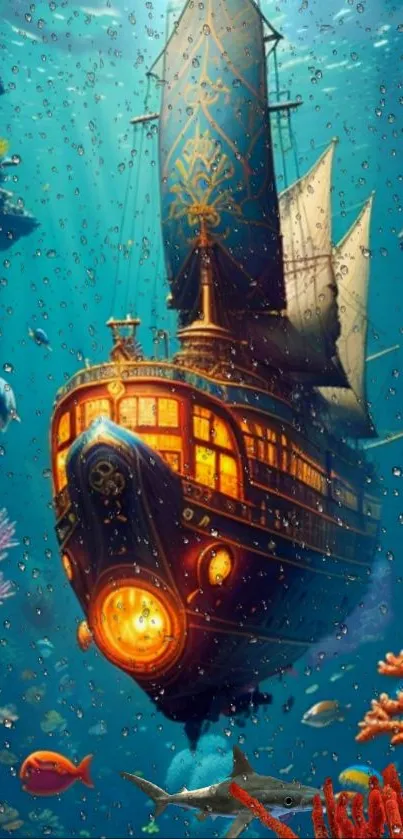 Fantasy ship sails underwater with vibrant marine life.