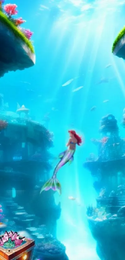 A magical underwater scene featuring a mermaid, vibrant corals, and a treasure chest.