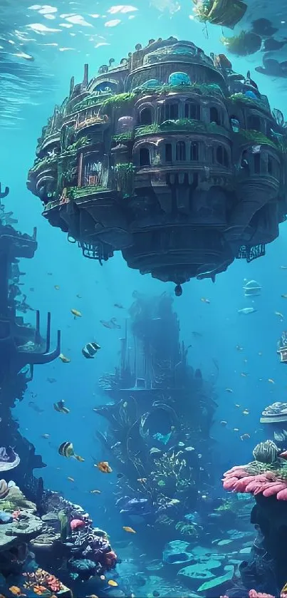 Underwater scene with floating city and vibrant coral reefs.