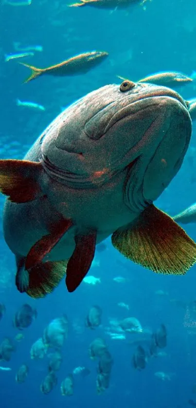 Large fish swimming in a vibrant blue ocean with other marine life.