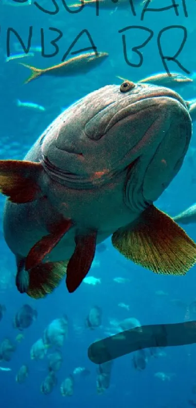 A large fish swimming underwater with vibrant blue background.