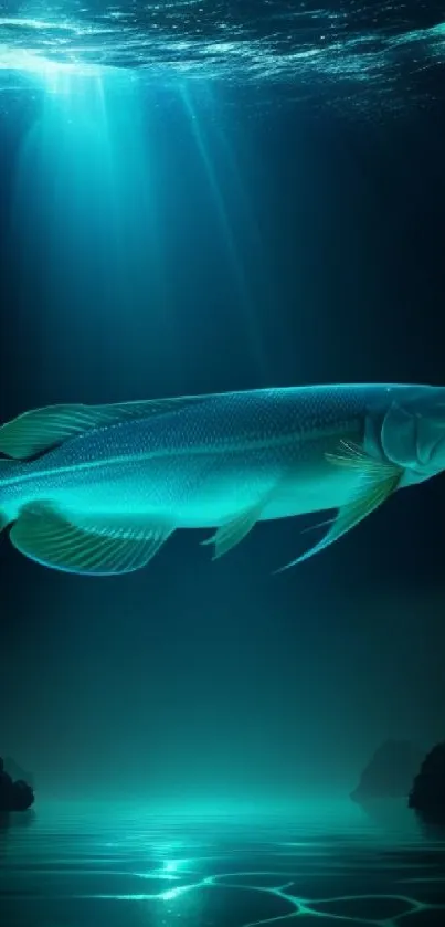 Glowing fish swims in tranquil teal ocean scene.