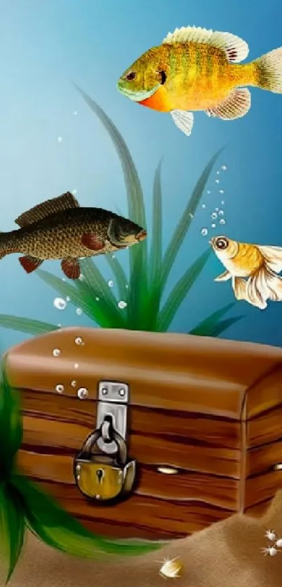 Vibrant fish swimming over a treasure chest underwater.