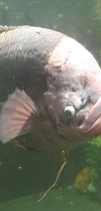 Close-up of a fish with green underwater plants in the background.