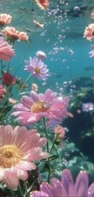 Enchanting underwater scene with pink flowers and bubbles.