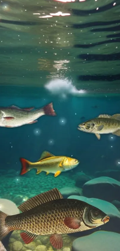 Underwater scene with freshwater fish swimming among rocks.