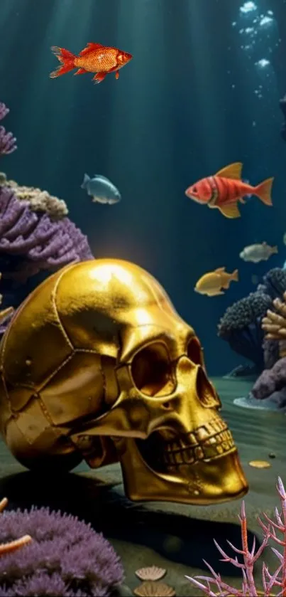 Golden skull amidst colorful coral underwater.