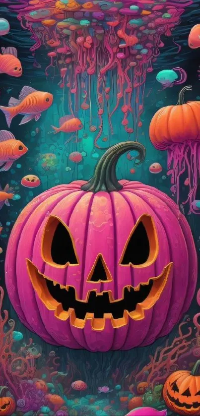 Colorful Halloween underwater scene with pumpkins and fish.