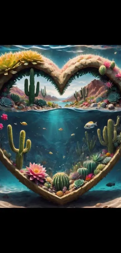 Heart-shaped underwater scene with cacti and fish.