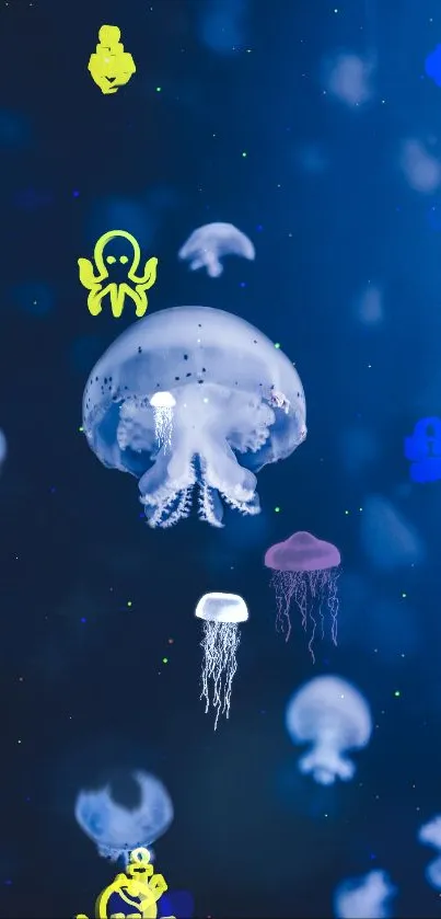 Colorful jellyfish with cartoon sea creatures on blue background.