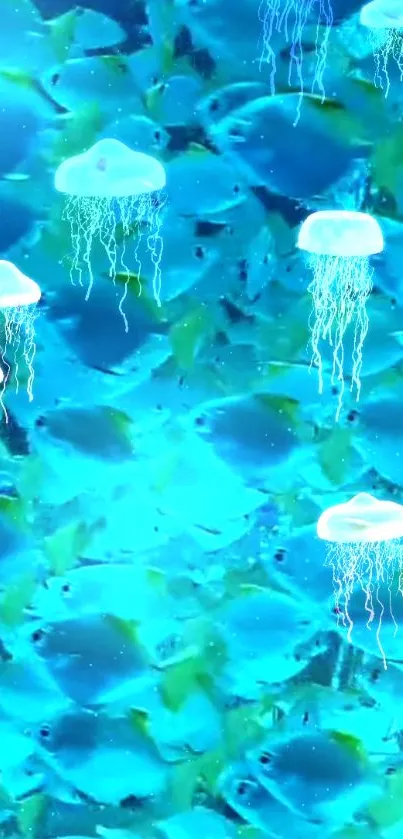 Underwater scene with jellyfish and blue fish swimming.