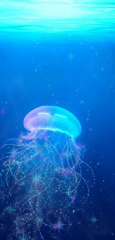 Luminous jellyfish glows in serene blue ocean wallpaper.