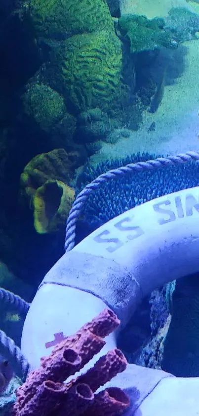 Underwater scene with vibrant coral and a lifebuoy.