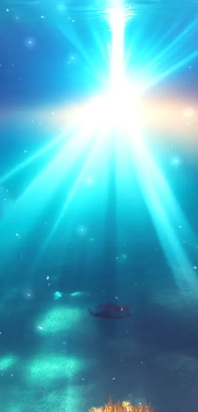 Underwater scene with light rays and blue ocean hues.