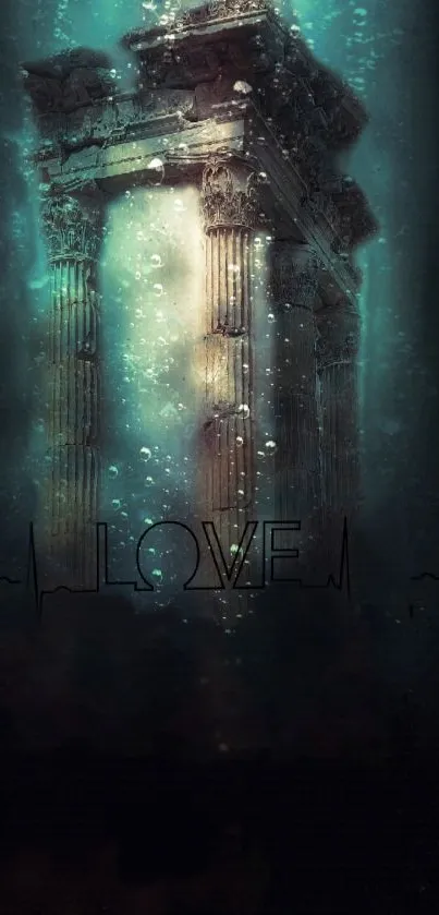 Underwater temple with love theme and bubbles in mobile wallpaper.