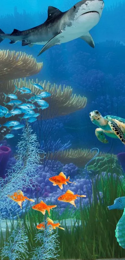 Vibrant underwater scene with marine life and coral reefs.