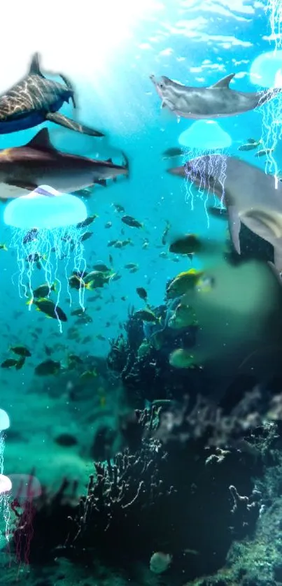 Underwater scene with sharks, dolphins, and jellyfish in vibrant teal waters.