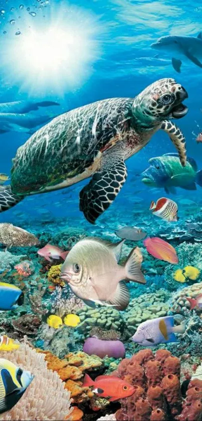 Vibrant underwater scene with fish and turtle.