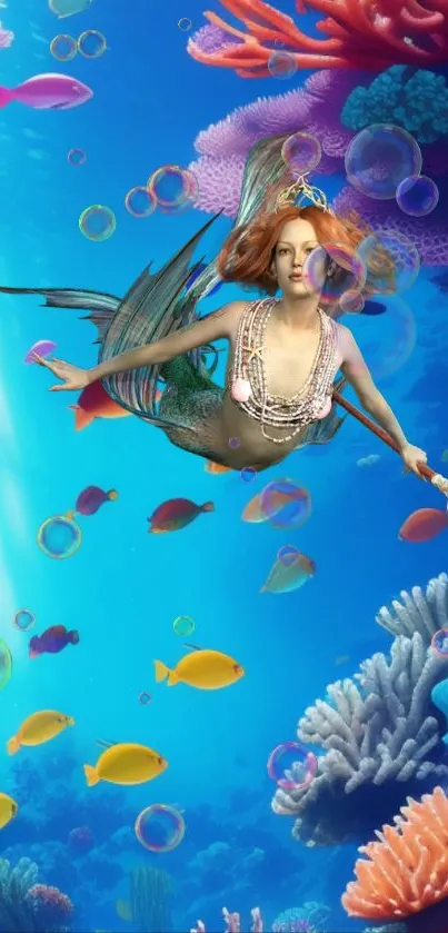 Artistic mermaid swimming in vibrant ocean scene with colorful coral and fish.