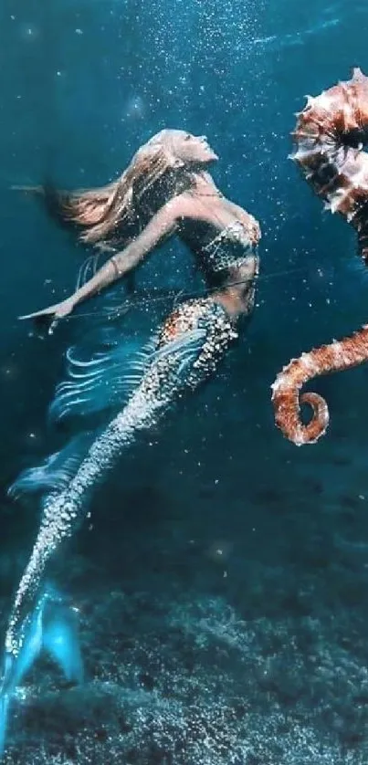 Mermaid and seahorse in an underwater scene, showcasing oceanic beauty.