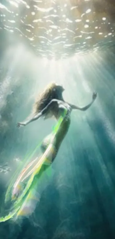 Beautiful mermaid swimming in ethereal underwater scene.