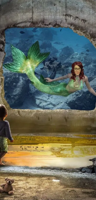 Child gazing at mermaid through mystical underwater window.