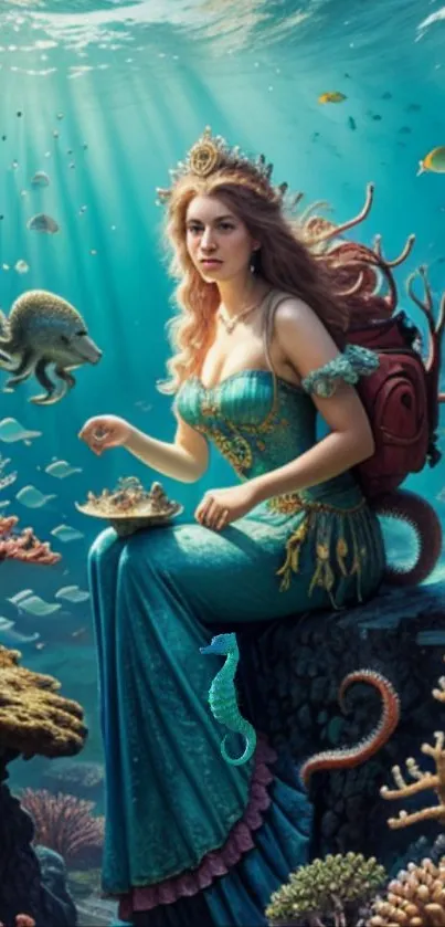 Mermaid surrounded by aquatic life in a colorful underwater fantasy scene.