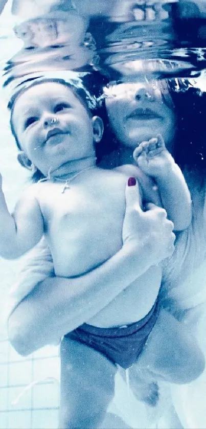 Mother and child swimming underwater in a serene blue setting.