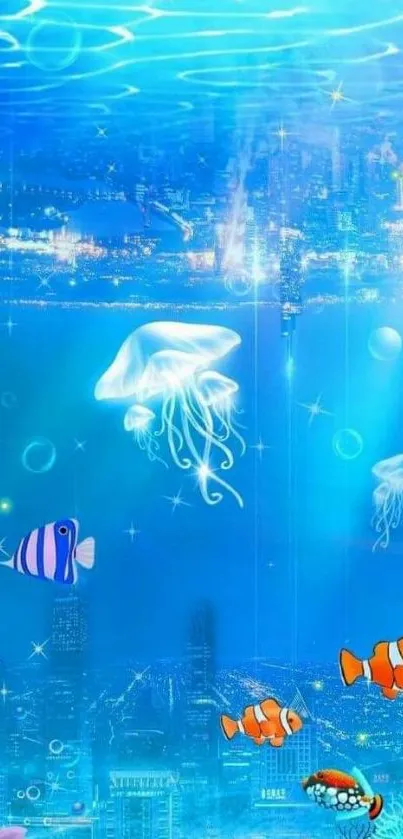 Colorful underwater cityscape with fish and jellyfish.