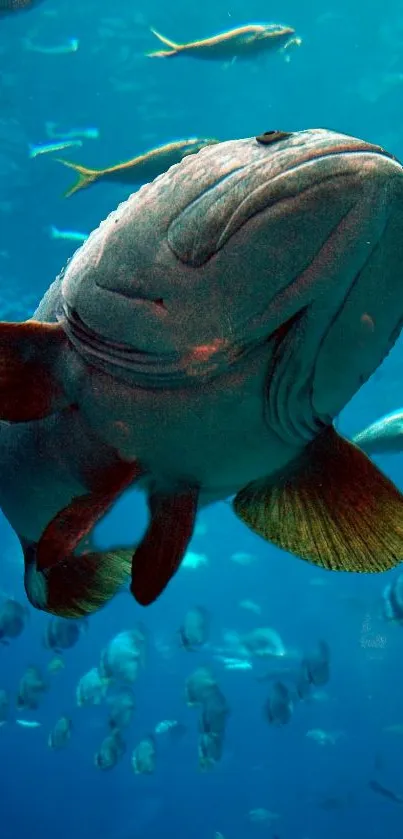 Blue underwater scene with a large fish and school of smaller fish swimming.