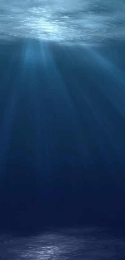 Underwater view with sunlight rays piercing through the ocean's blue depths.