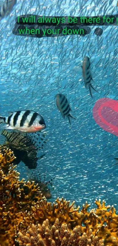 Vibrant underwater scene with coral and fish.