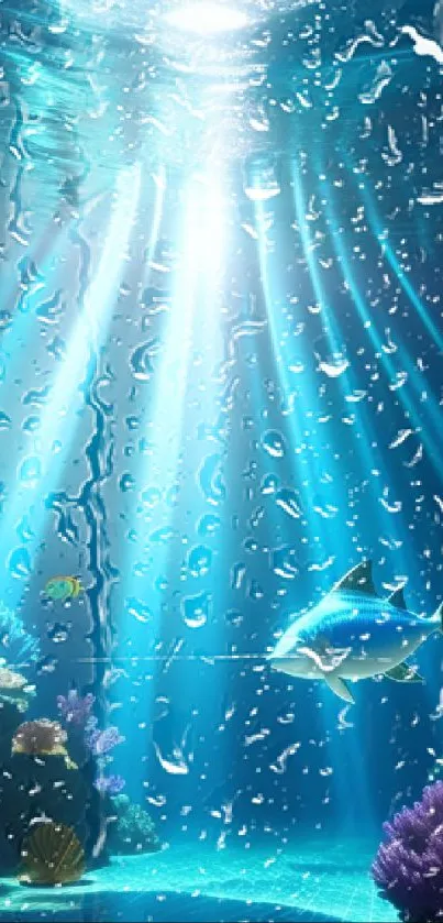 Underwater scene with fish and sunlight rays, vibrant and serene.