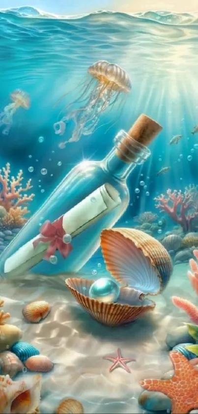 Underwater scene with a bottle and vibrant corals.