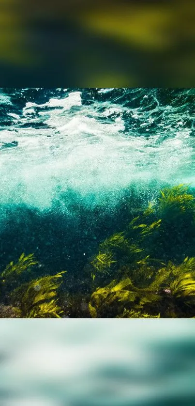 Vibrant underwater ocean wave scene with sea plants and aqua hues.