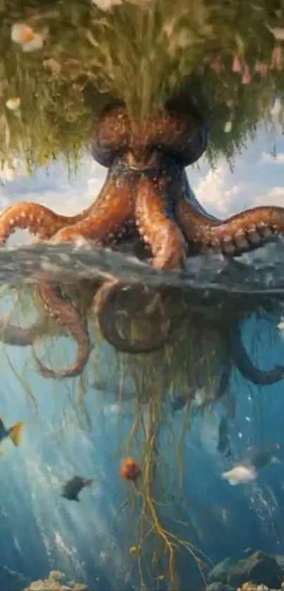 Fantasy wallpaper with an octopus and floating island.