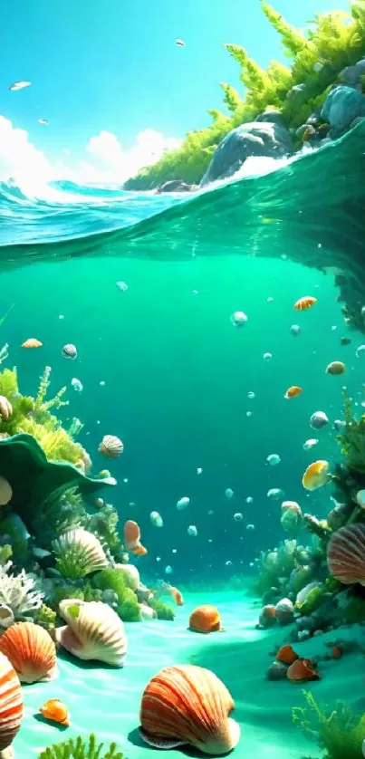 Underwater scene with coral reefs and seashells