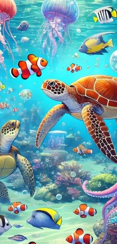 Colorful underwater scene with turtles and fish in a vibrant ocean setting.