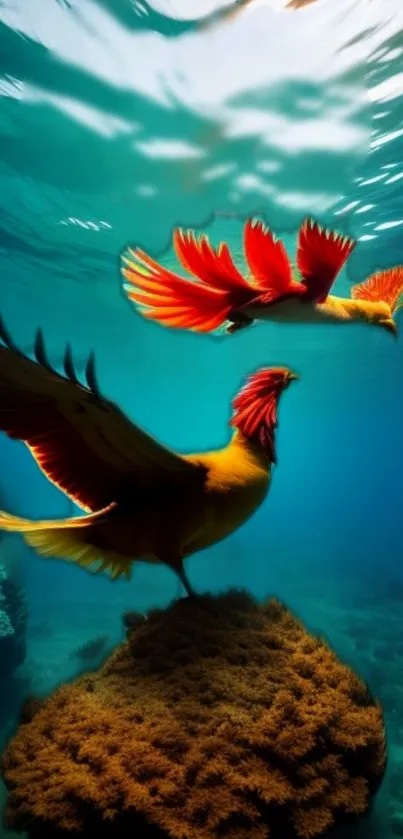 Colorful phoenix birds flying underwater in vibrant art.