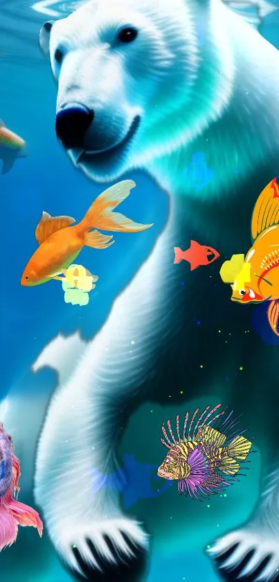 Fantasy underwater scene with polar bear and tropical fish.