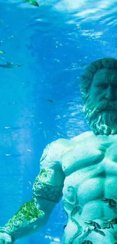 Underwater Poseidon statue in a blue ocean scene.