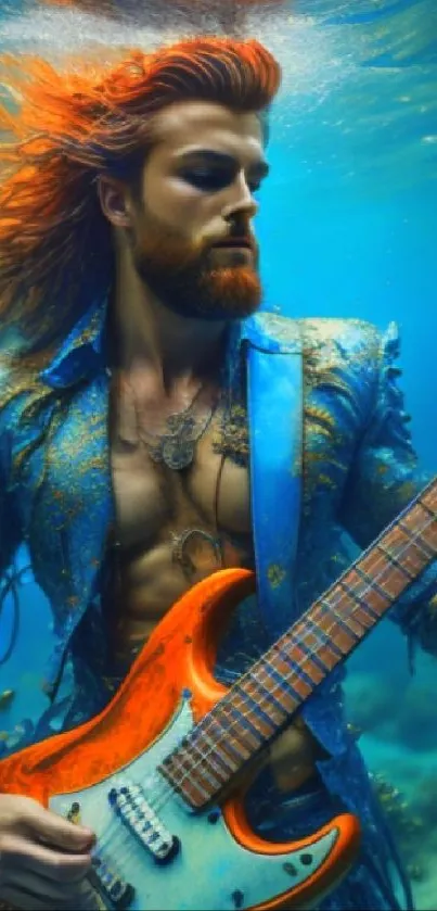 Underwater rockstar playing guitar surrounded by vibrant colors and aquatic life.